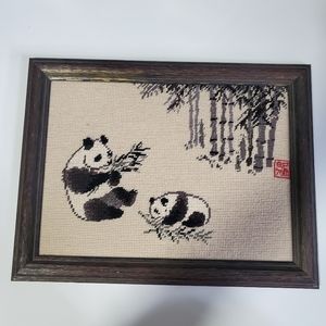 Vintage Panda Needlepoint Art Framed Fiber Art Needlecraft Retro Decor Wall Art